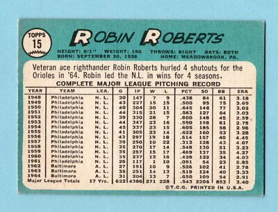 1965 Topps #15 Robin Roberts Baltimore Orioles Baseball Card EX - EX+  