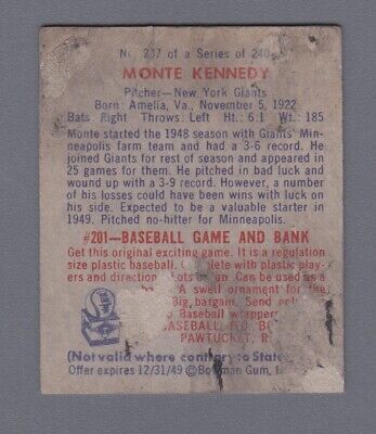 1949 Bowman #237 Monte Kennedy New York Giants Baseball Card EX ap wrk dgbk  