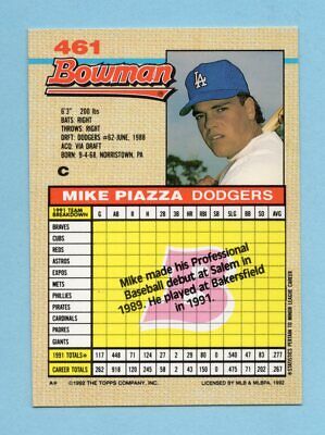 1992 Bowman #461 Mike Piazza Los Angeles Dodgers Rookie Baseball Card NM   