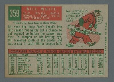 1959 Topps #359 Bill White San Francisco Giants Rookie Baseball Card Ex/Mt