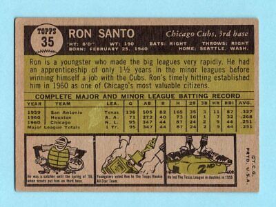 1961 Topps #35 Ron Santo Chicago Cubs Rookie Baseball Card EX 