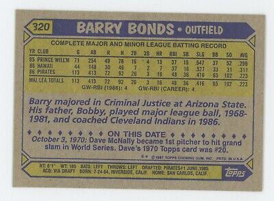 1987 Topps #320 Barry Bonds Pittsburgh Pirates Rookie Baseball Card NM