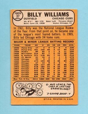 1968 Topps #37 Billy Williams Chicago Cubs Baseball Card EX  