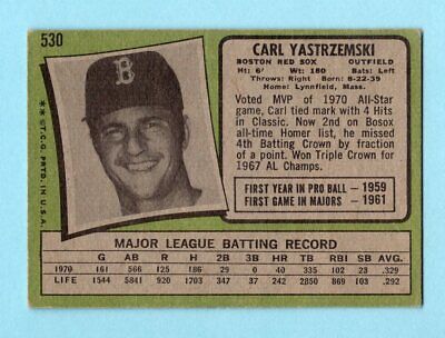 1971 Topps #530 Carl Yastrzemski Boston Red Sox Baseball Card Vg/Ex ap lt wk/cr 