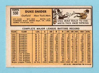 1963 Topps #550 Duke Snider New York Mets Baseball Card Vg/Ex lgt cres bc   