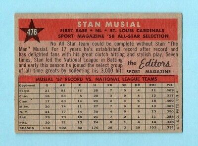 1958 Topps #476 Stan Musial All-Star St. Louis Cardinals Baseball Card EX+