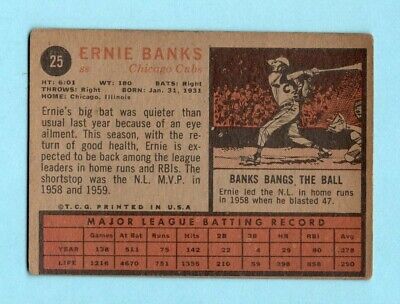 1962 Topps #25 Ernie Banks Chicago Cubs Baseball Card VG+ ap hum feel   