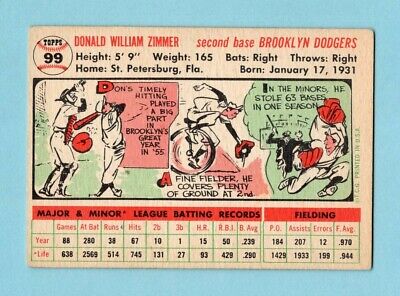 1956 Topps #99 Don Zimmer Brooklyn Dodgers Baseball Card Vg/Ex