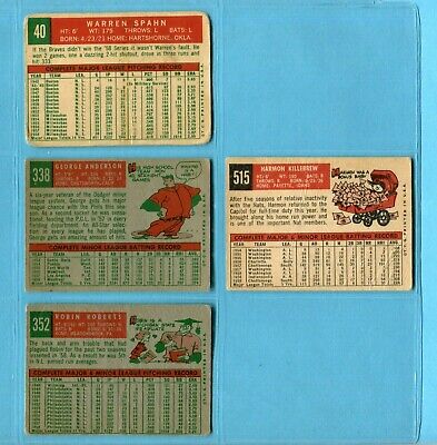 1959 Topps Lot of 4 Different Hall of Famer Baseball Cards Low Grade