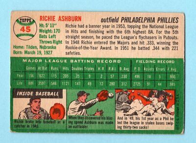 1954 Topps #45 Richie Ashburn Philadelphia Phillies Baseball Card Vg/Ex