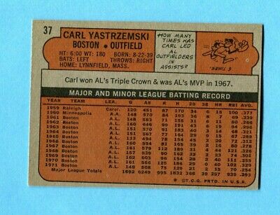 1972 Topps #37 Carl Yastrzemski Boston Red Sox Baseball Card Ex/Mt o/c ptmk    