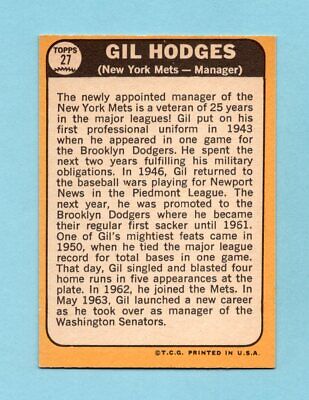 1968 Topps #27 Gil Hodges New York Mets Baseball Card Ex/Mt 