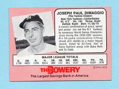 1972 Bowery Bank Joe DiMaggio New York Yankees Baseball Card Ex/Mt 