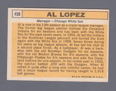 1963 Topps #458 Al Lopez Chicago White Sox Semi-High Number Baseball Card EX+ ap