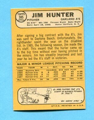 1968 Topps #385 Jim Catfish Hunter Oakland A's Baseball Card NM o/c 