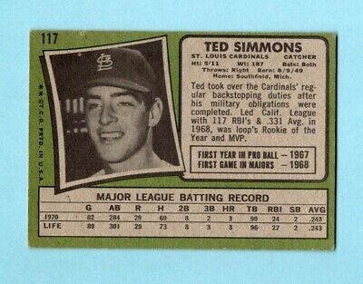 1971 Topps #117 Ted Simmons St. Louis Cardinals Rookie Baseball Card EX oc      