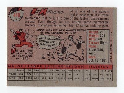 1958 Topps #440 Eddie Mathews Milwaukee Braves Baseball Card Vg/Ex o/c