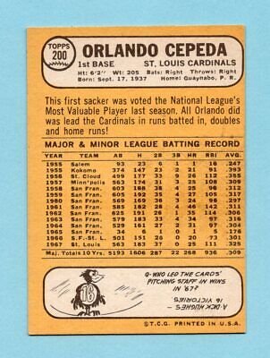 1968 Topps #200 Orlando Cepeda St. Louis Cardinals Baseball Card Ex/Mt o/c 