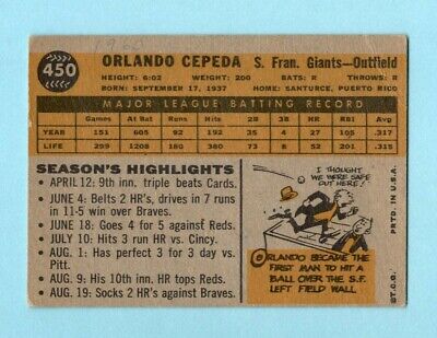 1960 Topps #450 Orlando Cepeda San Fran Giants Baseball Card V/E ap ctl pmbk    