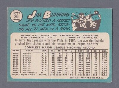 1965 Topps #20 Jim Bunning Philadelphia Phillies Baseball Card Vg/Ex  