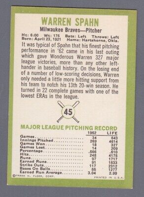 1963 Fleer #45 Warren Spahn Milwaukee Braves Baseball Card Ex/Mt pm