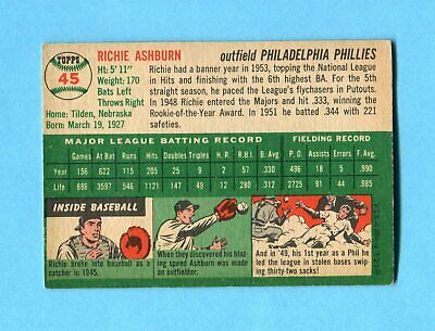 1954 Topps #45 Richie Ashburn Philadelphia Phillies Baseball Card Vg/Ex pl