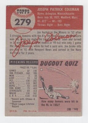 1953 Topps #279 Joe Coleman Philadelphia Athletics Baseball Card EX ap wrks