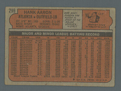 1972 Topps #299 Hank Aaron Atlanta Braves Baseball Card Low Grade    