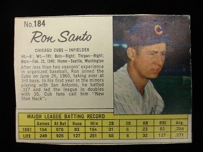 1962 Jello #184 Ron Santo Chicago Cubs Baseball Card