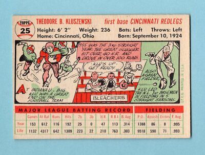 1956 Topps #25 Ted Kluszewski Cincinnati Reds Baseball Card EX+ o/c blu pho