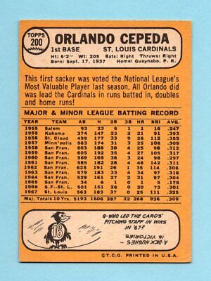 1968 Topps #200 Orlando Cepeda St. Louis Cardinals Baseball Card EX+ o/c  