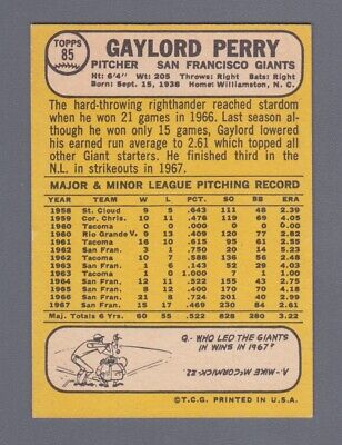 1968 Topps / Milton Bradley #85 Gaylord Perry San Fra Giants Baseball Card EX+  