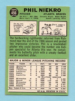 1967 Topps #456 Phil Niekro Atlanta Braves Baseball Card NM o/c prt mk       