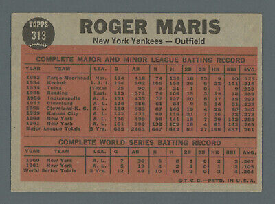 1962 Topps #313 Roger Maris Blasts 61st New York Yankees Baseball Card EX