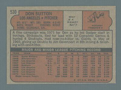 1972 Topps #530 Don Sutton LA Dodgers Semi-High Number Baseball Card Ex/Mt dmsp 