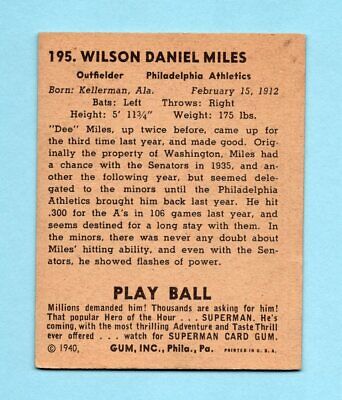 1940 Play Ball #195 Dee Miles Philadelphia A's Baseball Card EX+ o/c chp lse