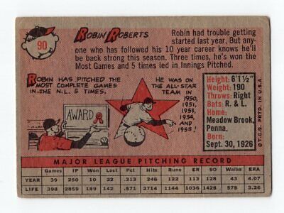 1958 Topps #90 Robin Roberts Philadelphia Phillies Baseball Card VG wrks tc