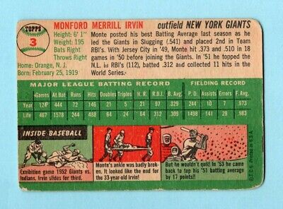 1954 Topps #3 Monte Irvin New York Giants Baseball Card G - VG