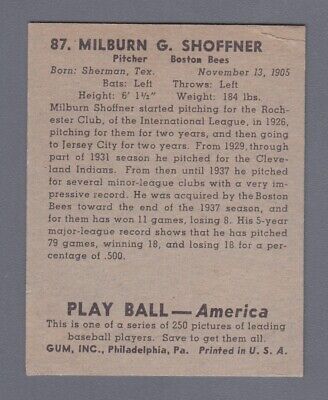 1939 Play Ball #87 Milt Shoffner Boston Braves Baseball Card Vg/Ex ap wrk/cres