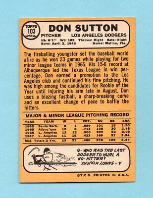 1968 Topps #103 Don Sutton Los Angeles Dodgers Baseball Card Ex/Mt