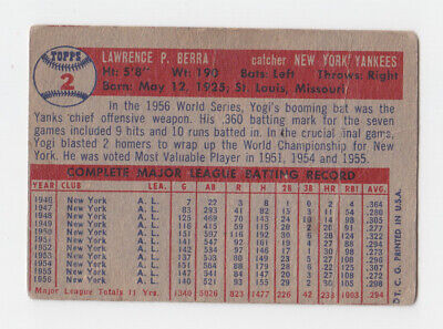 1957 Topps #2 Yogi Berra New York Yankees Baseball Card Low Grade