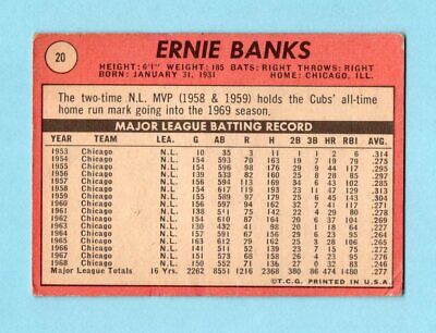 1969 Topps #20 Ernie Banks Chicago Cubs Baseball Card Low Grade     