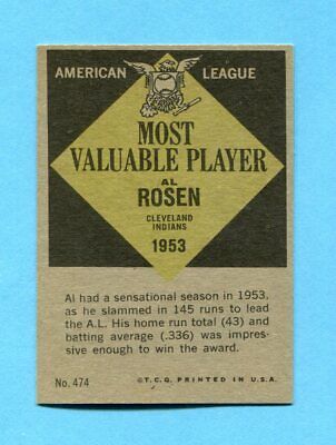 1961 Topps #474 Al Rosen MVP Cleveland Indians Baseball Card NM 