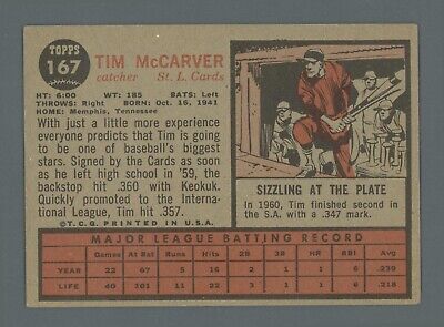 1962 Topps #167 Tim McCarver St. Louis Cardinals Rookie Baseball Card Vg/Ex