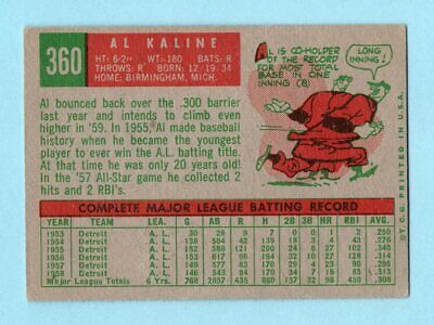 1959 Topps #360 Al Kaline Detroit Tigers Baseball Card Vg/Ex ap wrk scr