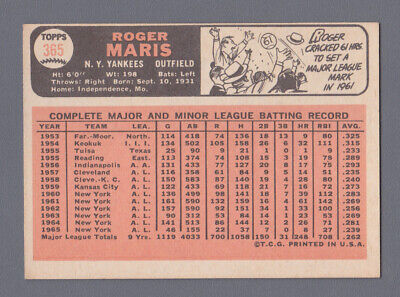 1966 Topps #365 Roger Maris New York Yankees Baseball Card Ex/Mt o/c