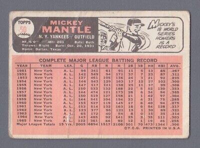 1966 Topps #50 Mickey Mantle New York Yankees Baseball Card Low Grade