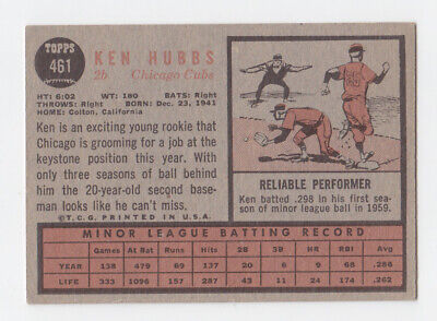 1962 Topps #461 Ken Hubbs Chicago Cubs Rookie Baseball Card Vg/Ex