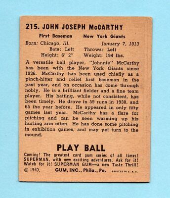 1940 Play Ball #215 Johnnie McCarthy NY Giants High Number Baseball Card EX