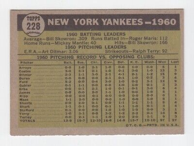 1961 Topps #228 New York Yankees Team Baseball Card EX+   